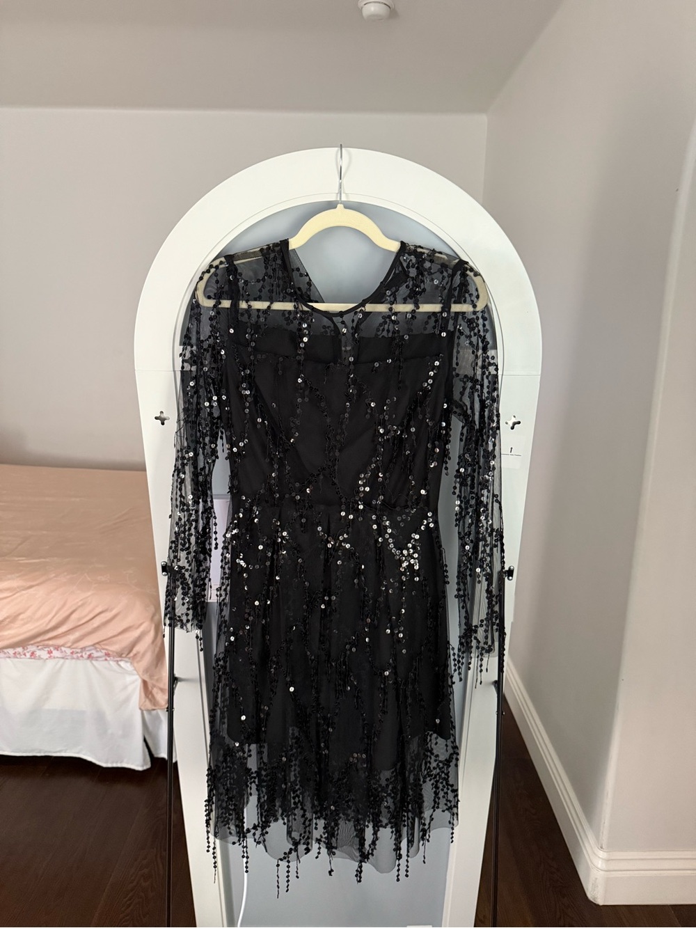 Black Sequin Mesh Long Sleeve Midi Dress | Size M | Sheer Embellished Overlay